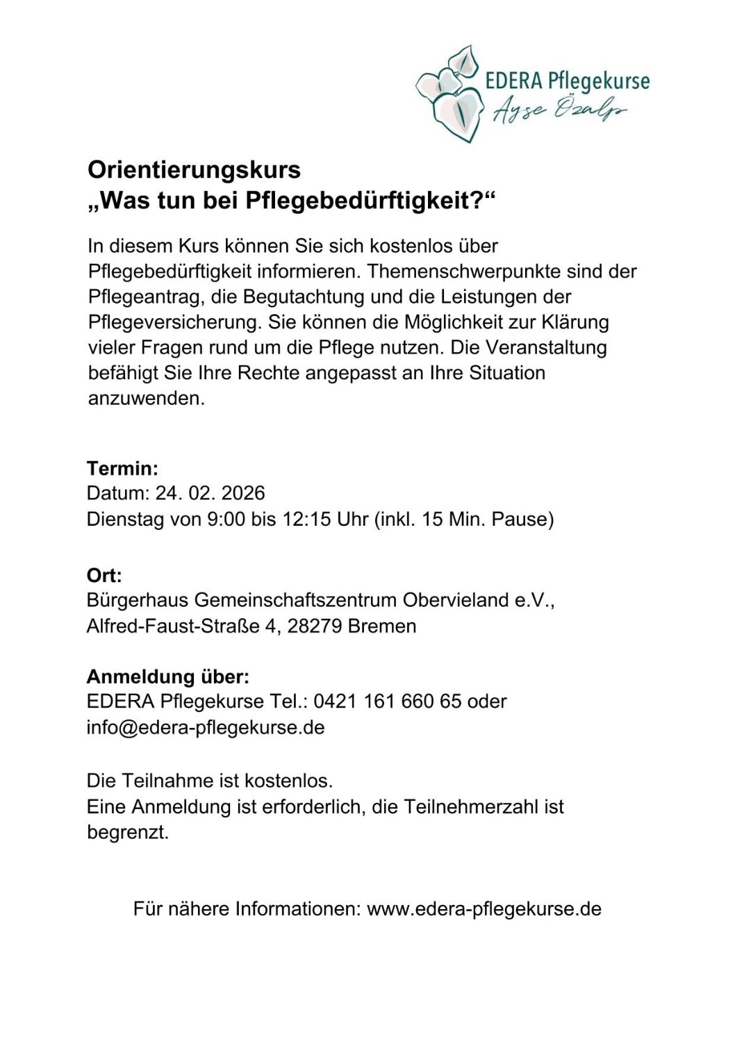 Orientierungskurs „Was tun bei Pflegebedürftigkeit?”