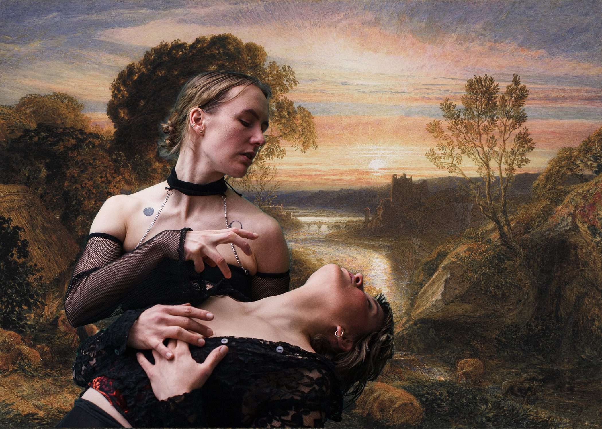 bwitch_It-Ends-With-Death_03WEB_c_Nicolas-Huedepohl Eine Collage. Zwei Personen im Vordergrund, eine hält die andere, die nach hinten gebeugt ist. die beiden Figuren sind vor einem gemalten romantischen Hintergrund mit Fluss-Landschaft im Sonnenuntergang